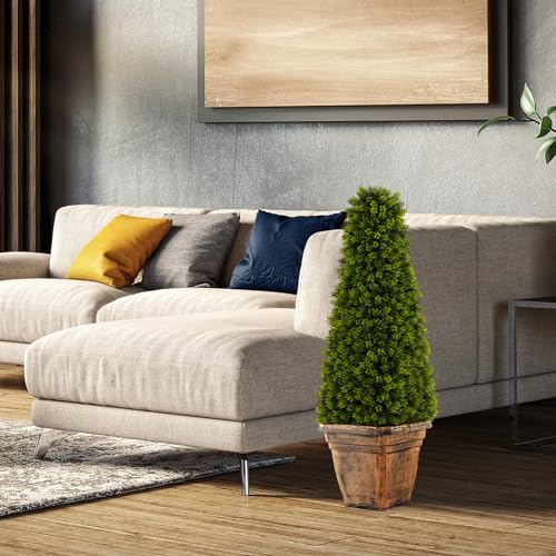 Goplus 3ft Artificial Boxwood Topiary Tree, 2 Pack Cone-Shaped Faux Potted Plants with Cement Flowerpot, Fake Evergreen Artificial Topiary for Indoor Outdoor Home Front Porch Decor