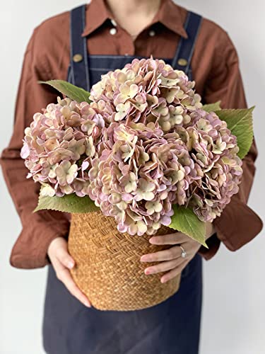 JINWOE 4Pcs Purple Vintage Boho Faux Hydrangea Flowers, 21" Real Touch Fall Artificial Hydrangea,Fake Silk Flowers for Dinning Tables Party Outdoor Home Cemetery Kitchen Wedding Bouquet Halloween - color: Puple