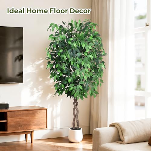Jocoevol 6FT Artificial Ficus Tree, Tall Faux Trees Indoor with White Planter, Dried Moss, Natural Silk Leaves & Trunk, Fake Plants for Home Living Room Office Corner Decor Housewarming Gift - color: Green, size: 6ft