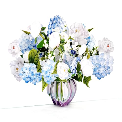 Blue Hydrangea and Rose Flower Bouquet Pop Up Card, 3D Blooming Love Greeting Card for Birthday, Mothers Day, Valentines Day, Anniversary, Congratulations, Thinking of You, All Occassions by Teabug