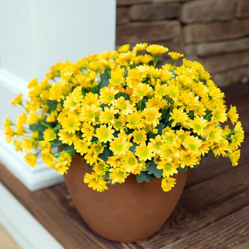 Daisy Artificial Flowers for Outdoors Decoration, 6 Bundles Fake Plants Flowers Bouquet Faux Flowers for Outdoor Planter Look Real UV Resistant Silk Flowers for Outside Front Door Porch Patio, Yellow - color: Yellow