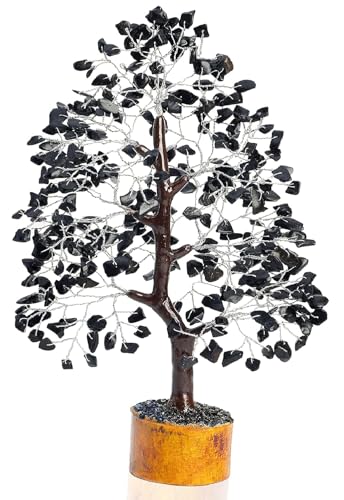 Crocon® Black Tourmaline Crystal Tree of Life Birthday Gifts for Men, Dad, Friend Healing Crystals Spiritual Shelf Crystal Decor Feng Shui Table Decor Gift for Men Housewarming Unique Home Decor - color: Black (Silver Wire)