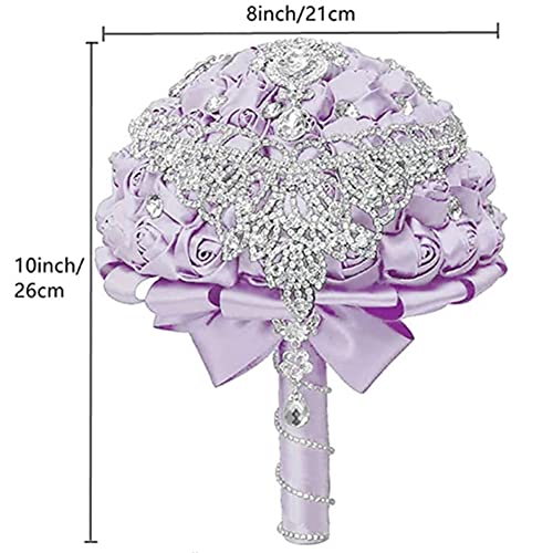 Handmade Luxury Wedding Bridal Bouquet Large Silk Rose Holding Toss Artificial Flowers Bouquets with Satin Ribbon Pearls Rhinestone for Bride Vintage Royal Wedding Bouquet (Light Purple) - color: Light Purple