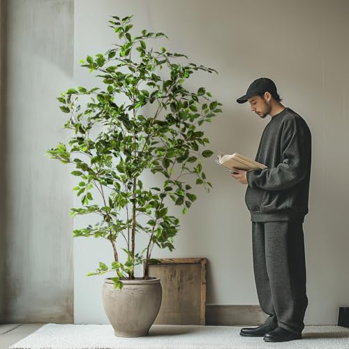 Bailikang Artificial Ficus Tree Indoor 6ft, Large Potted Faux Tree with Realistic Silk Leaves & Trunk for Home Office, Living Room Corner Decor - color: Green, size: 6ft
