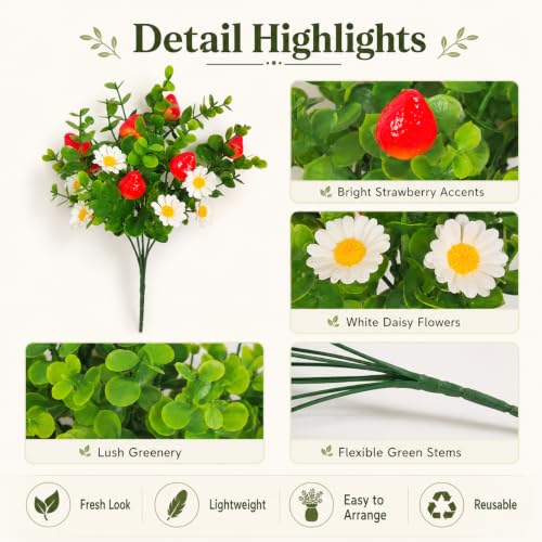 6 Pcs Artificial Strawberry Branches, Artificial Eucalyptus Flower Stems with Berries, Faux Greenery Daisy Picks for Vase Wreath Wedding Home Decor - color: Red White