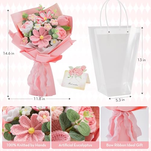 Alecono Crochet Flower Bouquet, Pink Handmade Knitted Flowers, Crochet Tulips Galsang Flower for Mother's Day Anniversary Birthday Graduation Lover Valentines Day Gifts (with Card) - color: Pink, size: Large