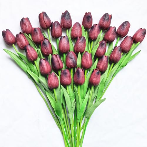 30 PCS Artificial Tulips Real Touch Tulips 13.5inch Long Stem Fake Flowers Silk Flowers for Spring Easter Mother's Day Decorations（Chocolate） - color: Chocolate