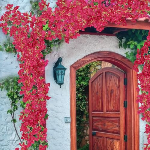 2 Pcs Artificial Bougainvillea Flowers Garland Fake Silk Bougainvilleas Vines Trailing Rose Red Faux Hanging Flowers Plants Bougainvillea Artificial for Porch Wedding Arch Spring Summer Decor - color: Rose Red