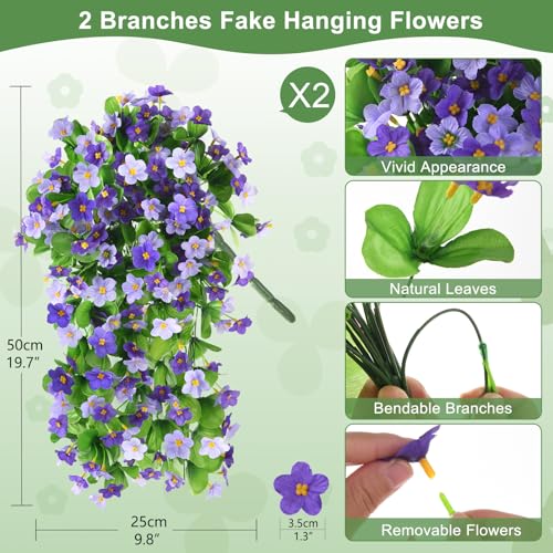 Artificial Fake Hanging Flowers for Outdoors, 2 Pcs Artificial Hanging Plants Outdoors Spring Summer Decor, UV Resistant Faux Violet Silk Flowers for Planters Front Door Yard Garden(Dark Orchid) - color: Dark Orchid