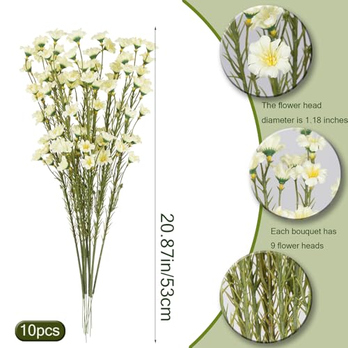 CITYES 10 Pcs Artificial Wildflowers with Stems Bulk Silk Spring Flowers 21" Fake Forsythia Branches Creamy White Faux Wildflowers Floral Arrangement for Home Decor Indoor Outdoor Wedding Centerpieces - color: Creamy White