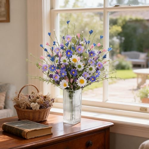 Artificial Spring Flowers 12 Pack Floral Picks 17 Inch Spring Floral Stems with Green Leaves White Blue Purple Daisy Forsythia for Flower Arrangements Centerpieces Indoor Decorations