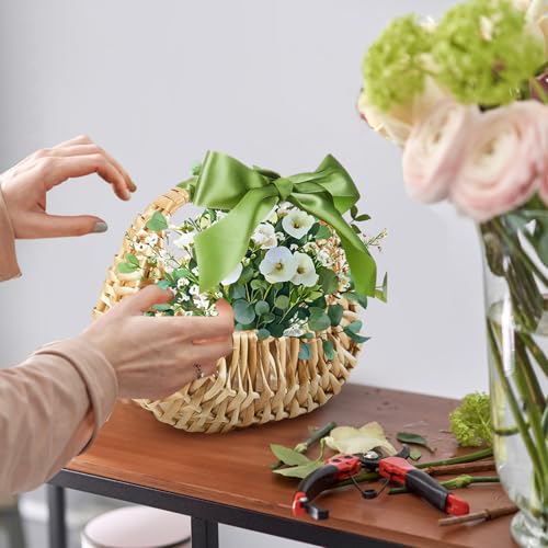 Taiyin Rattan Flower Girl Basket Small Half Moon Straw Wicker Basket with Handle Ideal for Wedding Flower Girl,Picnic,Garden Storage and Home Decor (Green Ribbon) - style: Green Ribbon