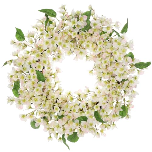 Spring Summer Wreaths for Front Door, 20" Cherry Blossom Wreaths for Spring Summer Decor, Light Yellow Wreaths for Front Door, Window, Home, Wall, Farmhouse Decor, Spring Artificial Flower Wreaths - color: # Light Yellow 20"