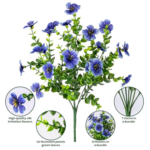 Lnoicy 20 Bundles Artificial Fake Flowers for Outdoor Faux Eucalyptus Flowers for Home Decoration,Fake Plants UV Resistant for Porch/Garden（Blue） - color: Blue