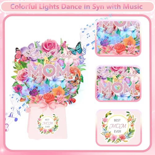 Birthday Card for MOM, LIGHTS & MUSIC Mothers Birthday Pop Up Card, Rose Lily Orchid and Butterflies, 10 Inch Life Sized Forever Flower Bouquet Mother’s Day Cards from Daughter, Son, Husband, Gifts Cards for Mom Wife Grandma - size: MOM
