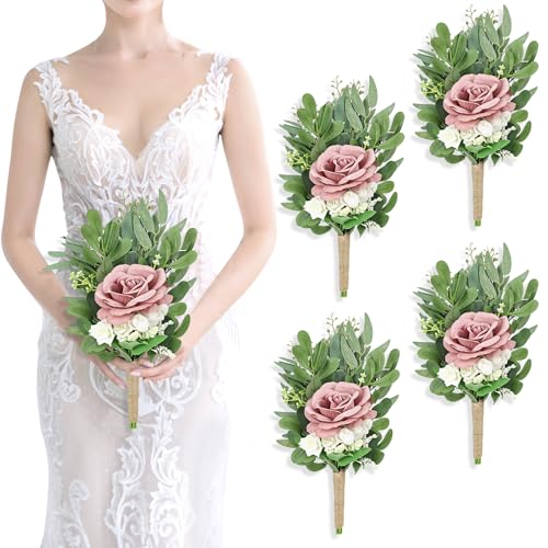 8 Inch Bridesmaid Bouquets Set of 4 - Artificial Flowers Greenery Bouquet for Wedding, Small Floral Bouquet for Ceremony Anniversary Marriage Proposal Centerpiece Decorations - Dusty Pink - color: Dusty Pink, size: 4pcs
