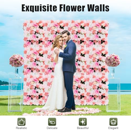 12 Pcs Artificial Flower Wall Panels Silk Dahlia Rose 3D Faux Flower Backdrop Panels Background Decorative for Wedding Celebrations Festive Party Home, 23.62 * 15.74in (Pink-1) - color: Pink-1