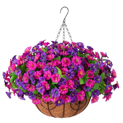 Ammyoo Artificial Fake Hanging Flowers with Basket, Faux Silk Morning Glory Flower Arrangement for Spring Summer Decor, Hanging Plant for Patio Garden Porch Outdoor Decor - color: Dark Purple Purple-red