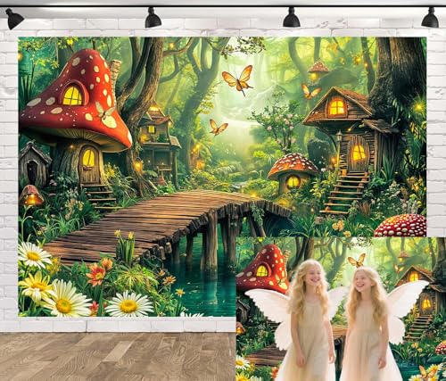Spring Enchanted Forest Backdrop Green Fairy Tale Mushroom House Wonderland Jungle Photography Background Baby Shower Birthday Party Decorations Banner Photo Booth Props 5X3FT - color: Multi, size: 5X3FT