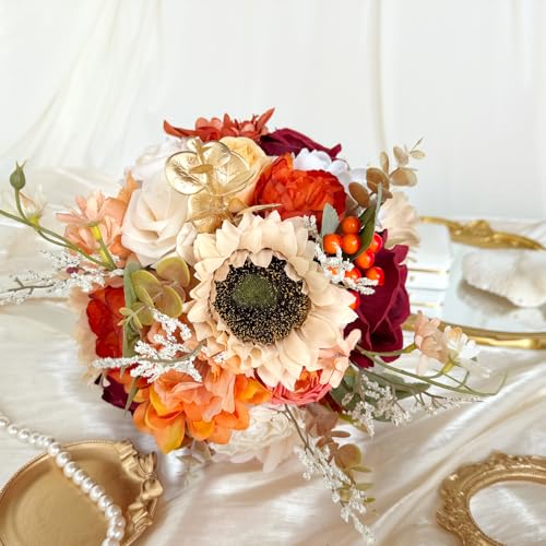 9 Inch Sunflower Wedding Bouquets for Bride Bridesmaid, Burgundy Red Roses Burnt Orange Artificial Flowers Bridal Bouquet Vintage Fall Winter Boho Rustic Wedding Decoration Toss Bouquet Prom - color: Sunflower, Burgundy