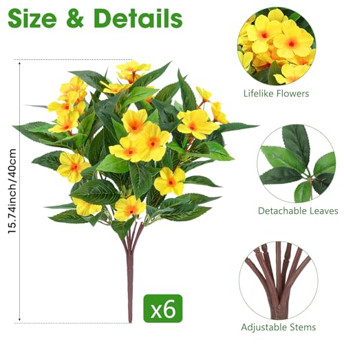 6 Pcs Artificial Flowers for Outdoors Fake Silk Periwinkle Flowers Faux Plants UV Resistant Bouquet Decorations for Planters Spring Summer Garden Porch Patio Window Box Balcony Home, Yellow - color: Yellow