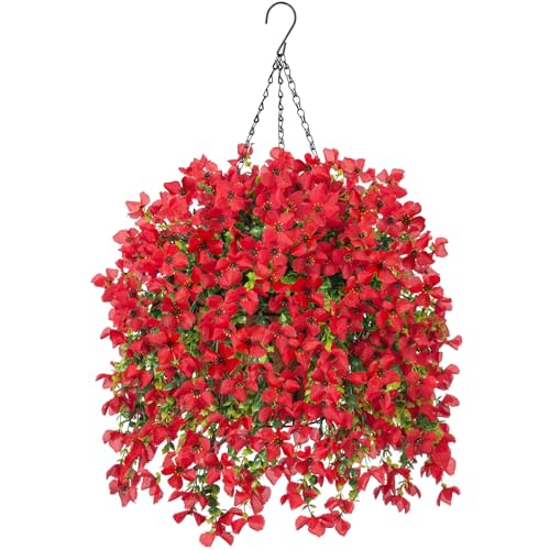 INXUGAO Artificial Hanging Flowers Plants with Basket for Outdoors, Realistic Faux Silk Daisy Flower Eucalyptus for Spring Decor, UV Resistant Fake Plants for Porch Patio Yard Balcony, Red - color: A-red