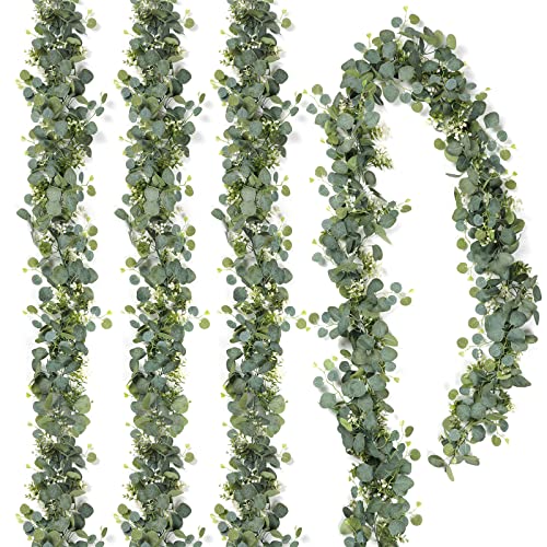 TOCHGREEN 4 PCS Artificial Eucalyptus Garland 5.9FT Faux Silver Dollar Greenery Garland Vines with White Flower Boxwood Fake Hanging Plants for Wedding Home Party Table Mantle Wall Decor - color: 4pcs