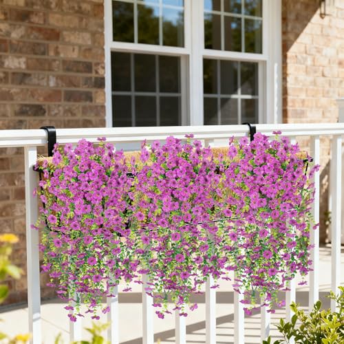 Hrobek 4 PCS Artificial Hanging Plants Flowers for Outdoor Srpring Summer Decoration, Fake Realistic Daisy Eucalyptus for Outdoors, Faux Plastic Greenery Long Vine Indoor Wall Patio Porch Decor - color: A-light Purple