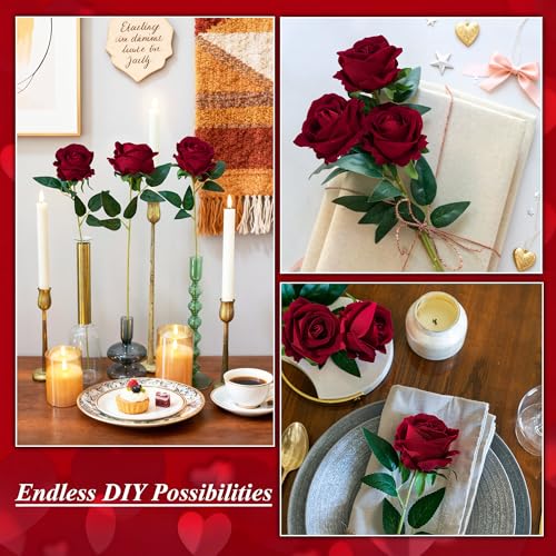 50 PCS Burgundy Roses Artificial Flowers, Fake Roses with Stem Realistic Silk Roses for DIY Wedding Bouquets Table Centerpieces Arrangements Baby Shower Birthday Home Decor Valentines Day Gift for Her - color: Burgundy