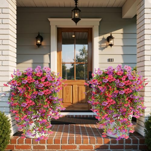 Artificial Hanging Flowers for Outdoor Decor, 6 Bundles UV Resistant Faux Silk Flowers, Fake Hanging Plants for Porch Patio Yard Planter Indoor Home Decoration(Purple, Fuchsia) - color: Purple&fuchsia