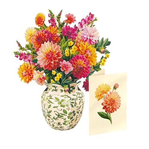 Freshcut Paper Mini Dahlia Sunrise 5.5 Inch Life-Sized 3D Pop Up Cards – Greeting Card, Birthday, Mothers Day, Thank You, Gifts for Mom and Her – Includes Notecard and Envelope - color: Dahlia Sunrise, size: Mini