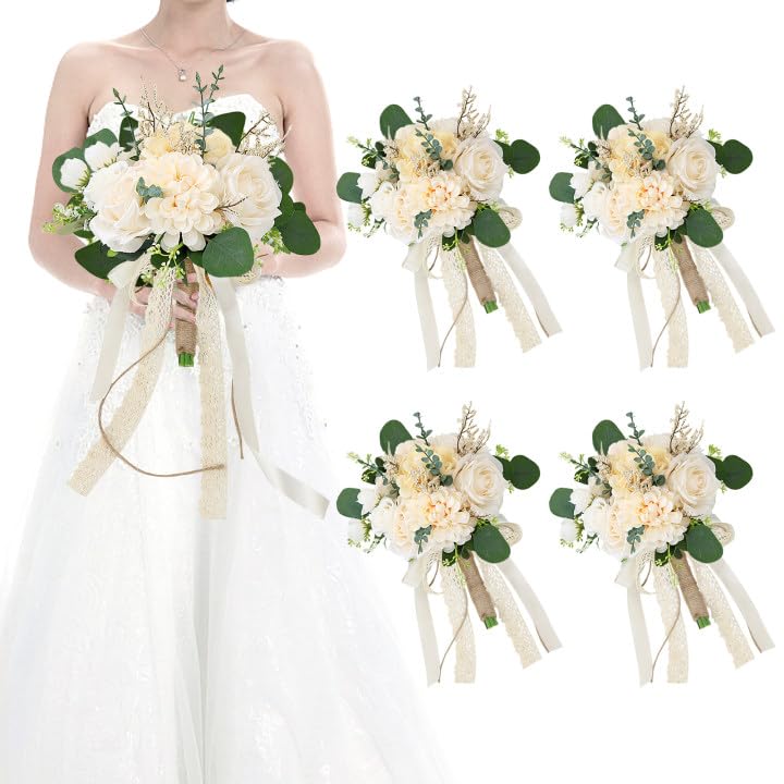 Set of 4 Bridesmaid Bouquets for Wedding, 9 Inch Boho Bridesmaid Flowers for Ceremony Anniversary Centerpieces Decorations, Artificial Rose Bouquets Romantic - Beige - color: Beige, size: Set of 4 Bridesmaid Bouquets