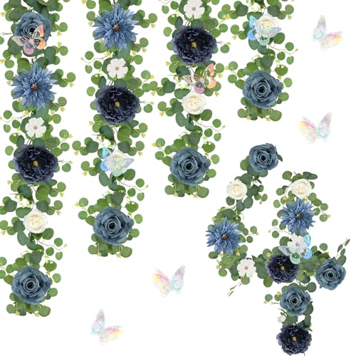 Eucalyptus Garland with Flowers - 4 Pack 5.9 FT Fake Flower Garland with Butterflies Faux Rose Greenery Garlands for Wedding Table Backdrop Arch Centerpieces Decorations - Navy Blue - color: Navy Blue, size: 4 Pack