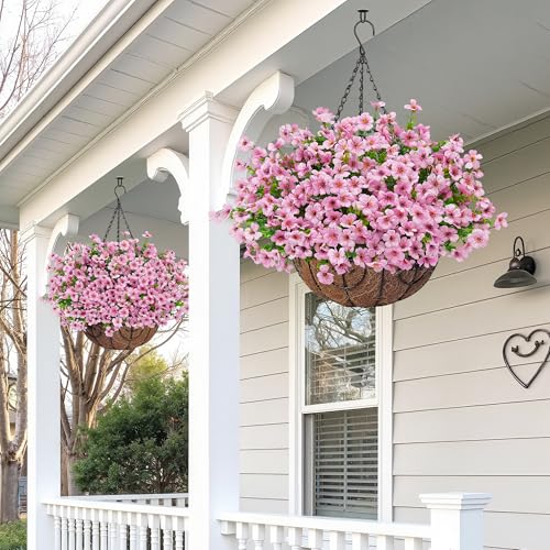 Artificial Fake Hanging Flowers Plants Basket for Outdoors Outside Spring Decoration,Hanging Planters with Faux Silk Flowers Realistic UV Resistant for Balcony Porch Patio Garden Fron Home Decor（Pink） - color: Pink