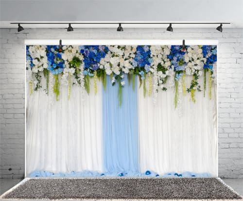 AOFOTO 8x6ft Blue White Flowers Curtain Wedding Backdrop Romantic Floral Wall Drapes Bride Groom Ladies Girls Photoshoot Background for Wedding Reception Ceremoney Birthday Cake Table Decor Banner - size: 8x6ft