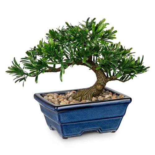 Artificial Bonsai Tree Faux Plants Indoor Small Fake Plants Decor with Blue Ceramic Pots for Home Table Office Desk Bathroom Shelf Bedroom Living Room Farmhouse Decorations - style: Maki- glaze basin