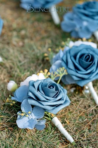 Dusty Blue Boutonniere for Men,Prom boutonnieres,Navy Blue,Groom and Groomsmen Boutonniere for Wedding Ceremony Anniversary, Formal Dinner Party and Grad Night (Set of 6) - color: Dusty Blue, size: set of 6