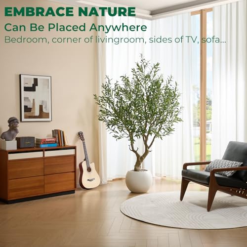 7.5 FT Large Luxury Artificial Olive Tree, Tall Faux Olive Tree with White Pot, Extra Lush Stereoscopic Shape, 5 Minutes Easy Set-up, Realistic Trunks and Lifelike Leaves & Fruits, Home Office Décor - color: Green-90in Olive, size: 7ft 6in