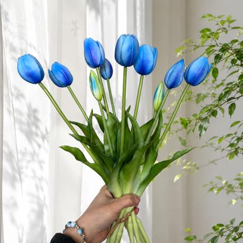 10 Pcs Fake Tulips Tulips Artificial Flowers Real Touch Fake Flowers Artificial Flower Bouquet for Home Table Party Wedding Decoration (Navy Blue) - color: Navy Blue