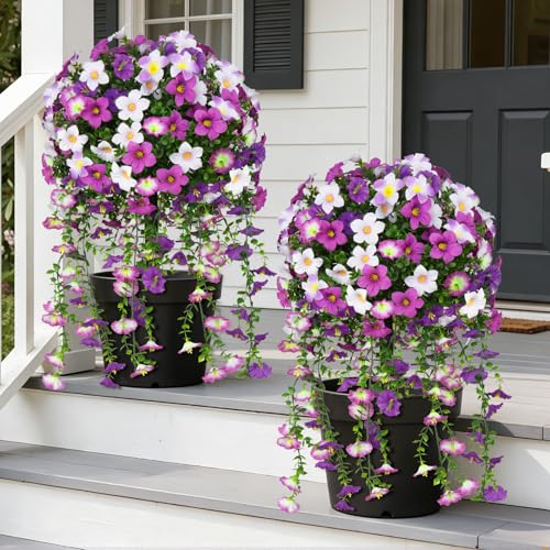 Grooy Artificial Plants Flowers Topiary Ball for Outdoor, 2 Pack Fake Purple Silk Morning Glory Plant Bushes, UV Resistant Realistic Plants Shurbs for Outside,Front Porch,Patio,Yard - color: Purple Morning Glory