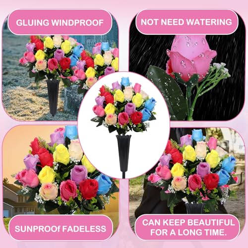 Lodou Set of 2 Artificial Cemetery Flowers, Memorial Flowers Bouquet,Grave Memorial Flowers with Vase for Cemetery Headstones Decoration (Color) - color: Color