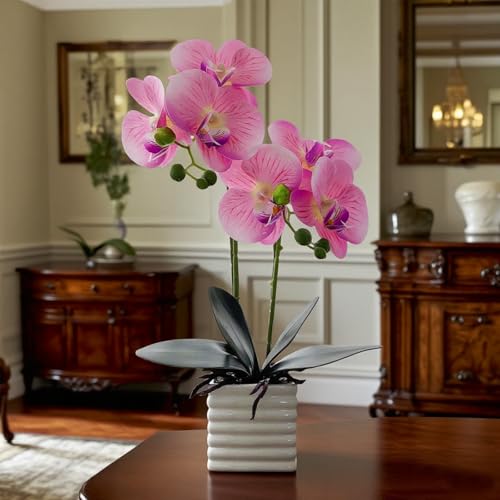 Artificial Pink Orchid Plant with White Vase, 14 Inches Tall, Realistic Orchid Artificial Flowers for Home Decor - color: Pink
