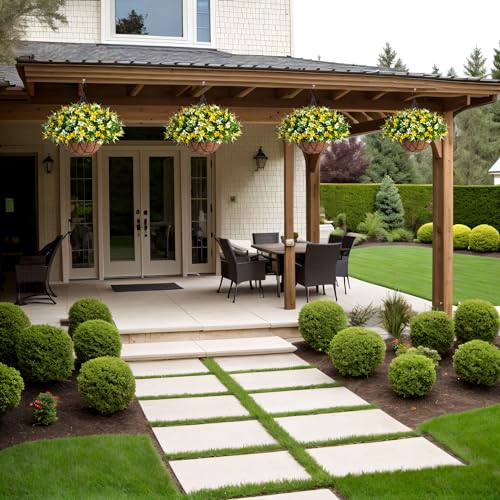 INXUGAO Artificial Hanging Flowers with 12" Basket for Outdoor Decor, Faux Silk Daisy Flower UV Resistant Plants Arrangements Decoration for Indoor Porch Garden Yard(Yellow) - color: B-yellow