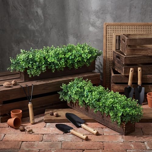 Lyrow 2 Pack Artificial Eucalyptus Plant in Rustic Rectangular Wooden Planter Box Greenery Faux Potted Herb Plant for Indoor Wedding Table Centerpiece(Emerald,24 x 3.7 x 3.7 Inches,Stylish Style) - color: Brown, size: 24 Inch, style: Emerald Green Round L