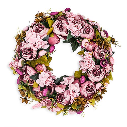 BOMAROLAN Artificial Peony Flower Wreath 19Inch Vintage Blooming Silk Peonies Spring Summer Fall Winter Large Wreaths Flower Green Leaves for Outdoor Front Door Indoor Wedding Wall Or Window Décor - color: Sweetened Bean