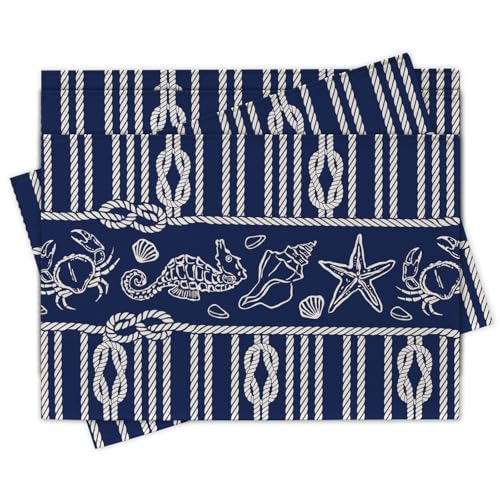 Navy Blue Nautical Placemats Set of 4, Coastal Ropes Starfish Crab Seahorse Sea Shell Conch Dining Place Mats Table Decor, Ocean Marine Life Lake Beach House Home Kitchen Decoration 12''x18'' - color: Navy Blue Nautical, size: Placemats 12''X18''