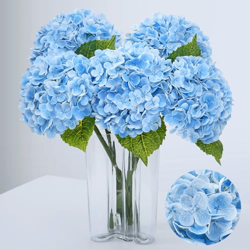 Waipfaru 21" Real Touch Blue Hydrangea Artificial Flowers with Long Stem & Leaves, Full Latex Faux Hydrangea Flowers for Home Decor Party Floral Arrangements Wedding Bouquets Centerpieces, 5Pcs - color: Blue, size: 5pcs