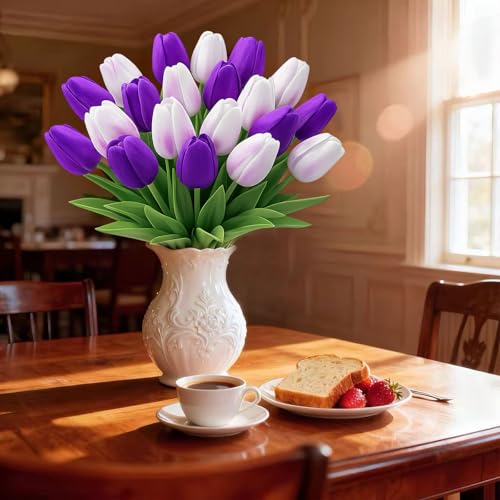 20 Pcs Tulips Artificial Flowers, 13.5'' Real Touch PU Fake Flowers Bouquet for Home Party, Spring Wedding Floral Arrangement, Valentine's, Easter and Mother's Day Decor (White Purple) - color: White Purple