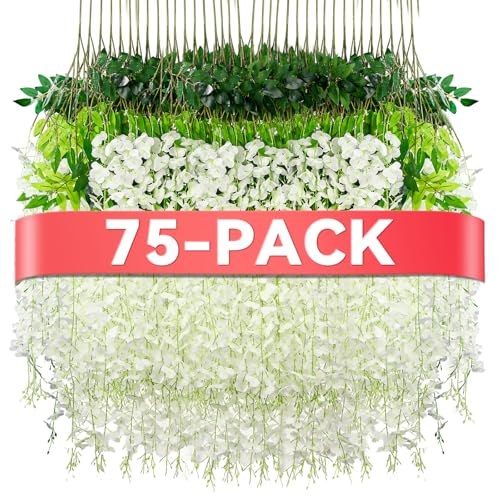 Alotiki Wisteria Hanging Flowers,Fake Hanging Flowers,Wisteria artificiales Garland for Home Wedding Arch Floral Party Garden Ceremony Outdoor Decor,3.6 feet Long(75,White) - color: White, size: 75