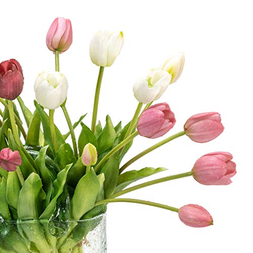 DUYONE 15Pcs Artificial Tulips Flowers, Soft Touch Realistic Latex Tulips Bouquet for Home Office Wedding Party Garden Decor, Fake Flowers for Dining Table Living Room Spring(Deep Purple,15pcs) - color: A Style-15pcs Deep Purple (No Vase)